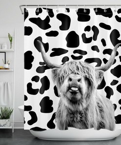 Leopard Print Farmhouse Highland Cow Shower Curtain Funny Bathroom Animal