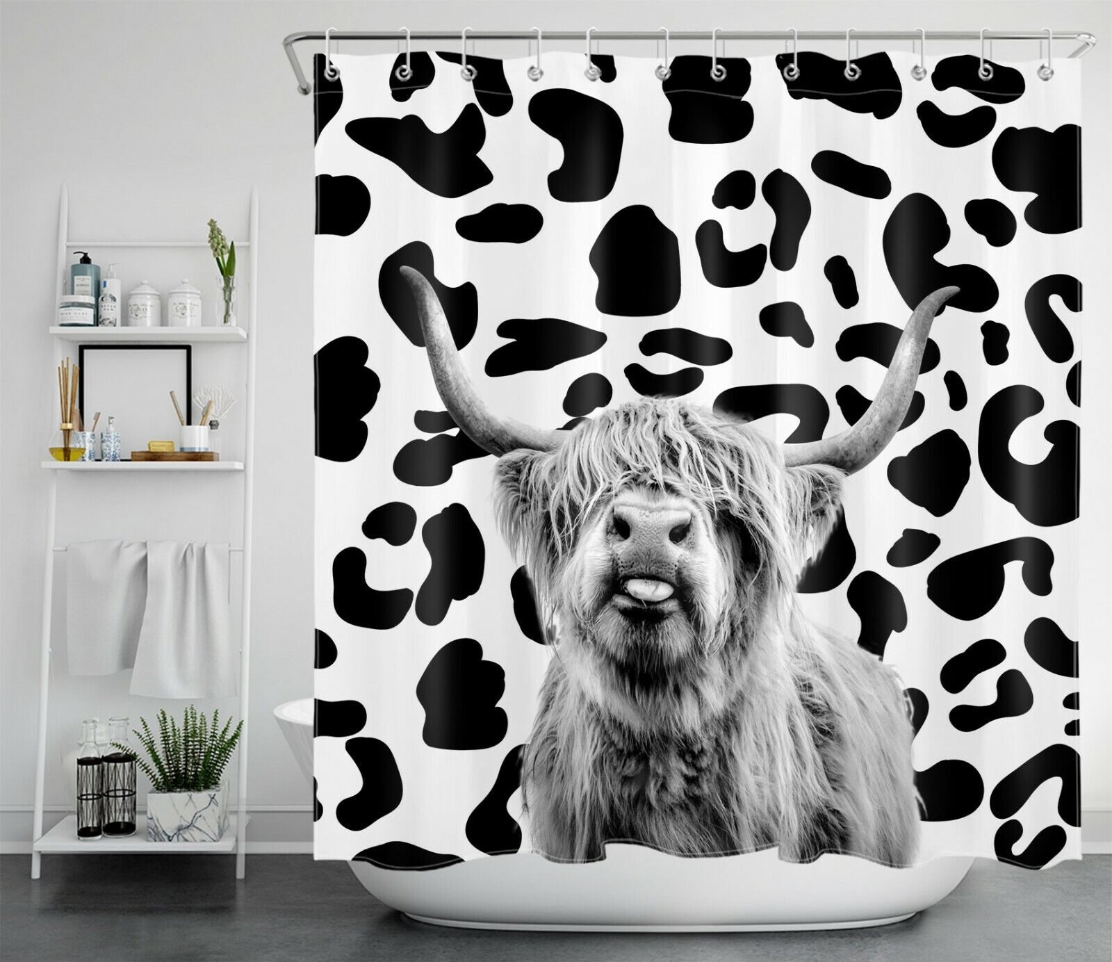Leopard Print Farmhouse Highland Cow Shower Curtain Funny Bathroom Animal