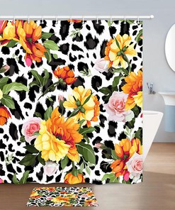 Leopard Print & Flowers Shower Curtain, Romantic Bathroom Decor
