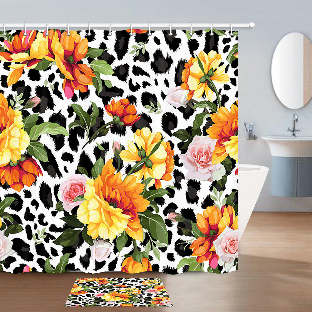 Leopard Print & Flowers Shower Curtain, Romantic Bathroom Decor