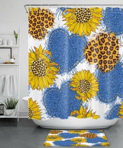 Leopard Print Heart Shaped Sunflower Shower Curtain for Bathroom Decor