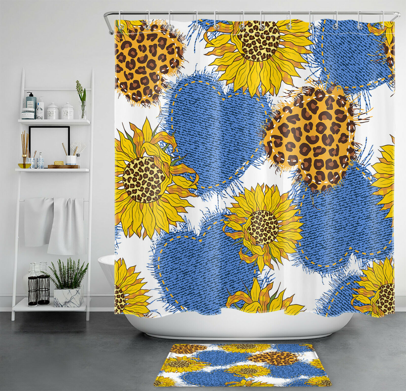 Leopard Print Heart Shaped Sunflower Shower Curtain for Bathroom Decor