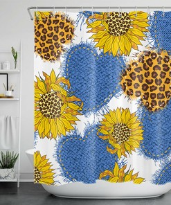 Leopard Print Heart Shaped Sunflower Shower Curtain for Bathroom Decor