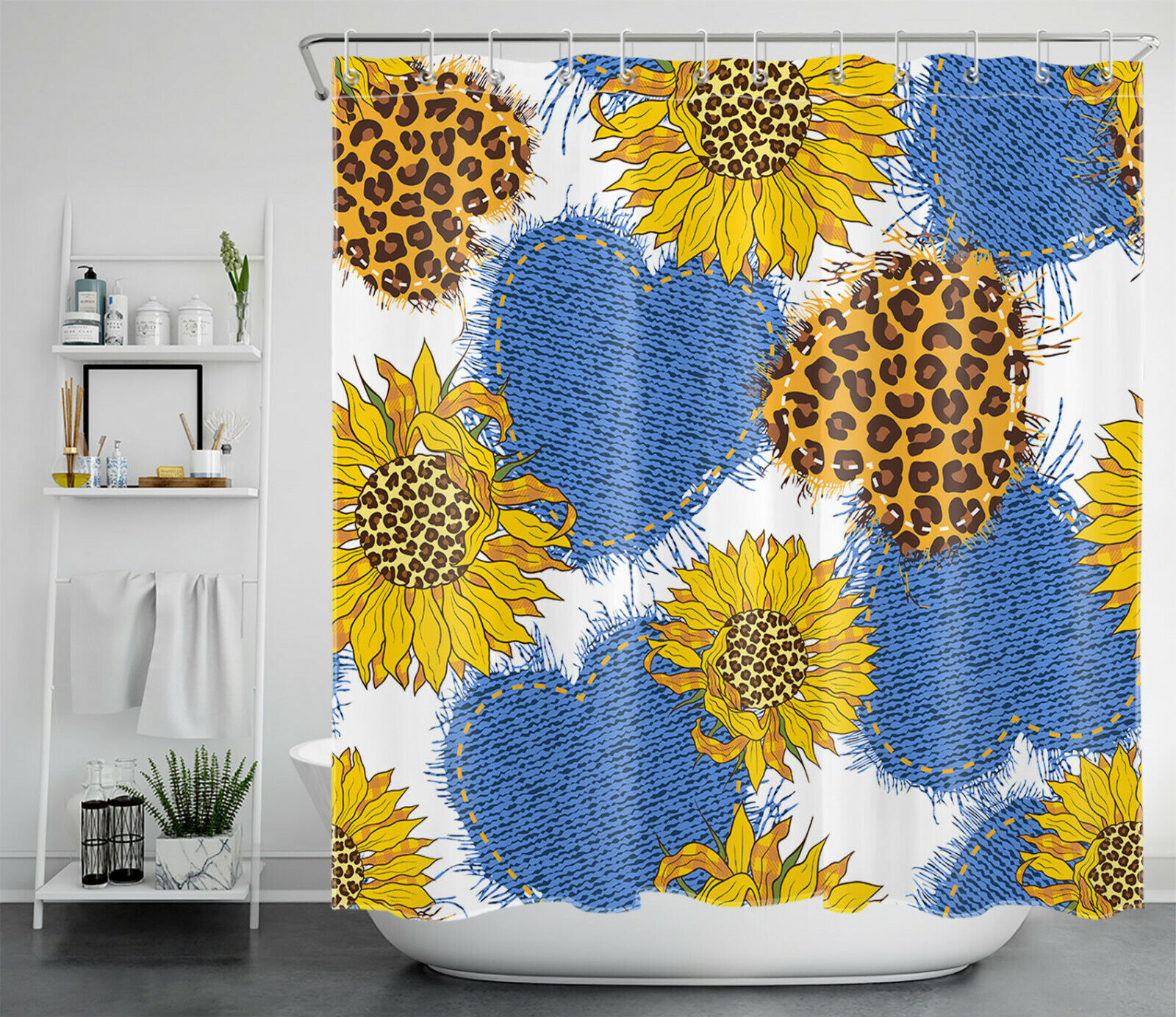 Leopard Print Heart Shaped Sunflower Shower Curtain for Bathroom Decor