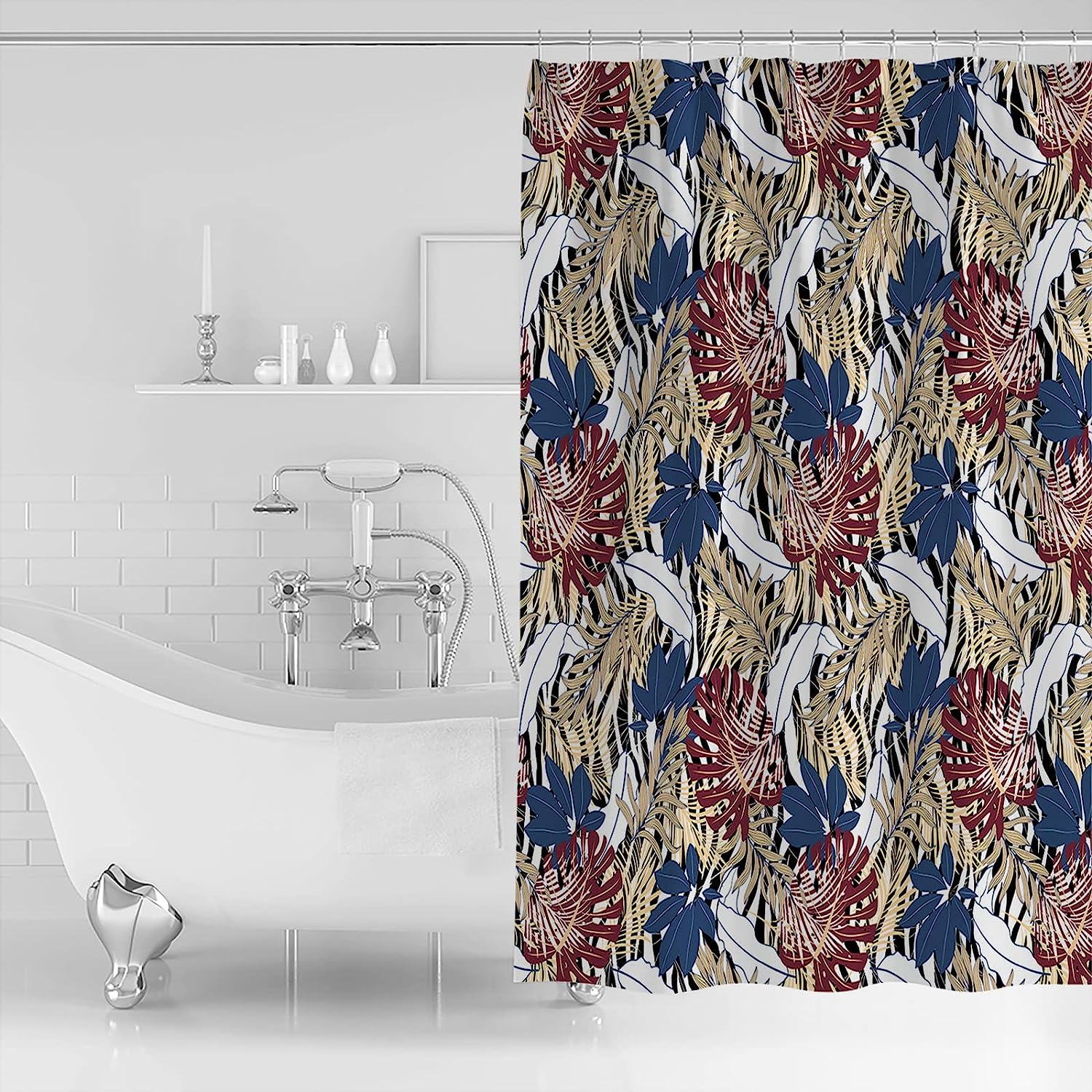 Leopard Print Palm Leaves Shower Curtain, Waterproof and Washable Bathroom Decor