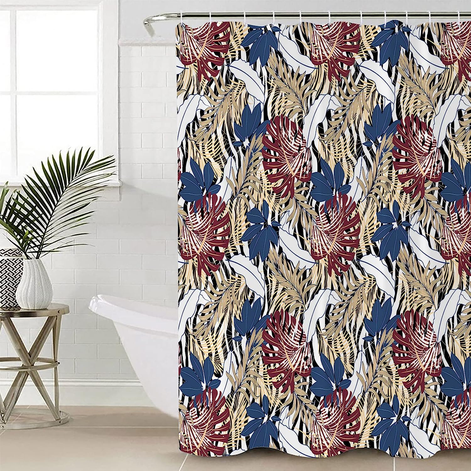 Leopard Print Palm Leaves Shower Curtain, Waterproof and Washable Bathroom Decor