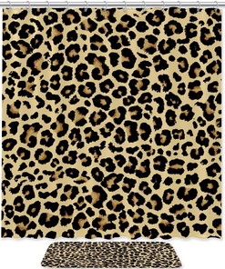 Leopard Print Patterned Bathroom Tub Set With Waterproof Fabric Shower Curtain