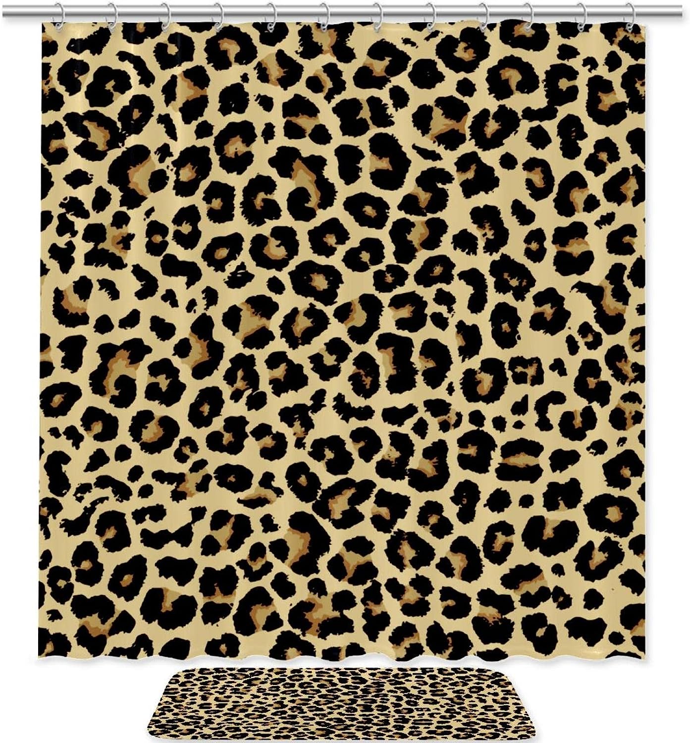 Leopard Print Patterned Bathroom Tub Set With Waterproof Fabric Shower Curtain