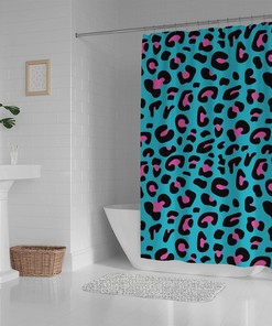 Leopard Print Pink Blue Shower Curtain, Waterproof Bathroom Decor