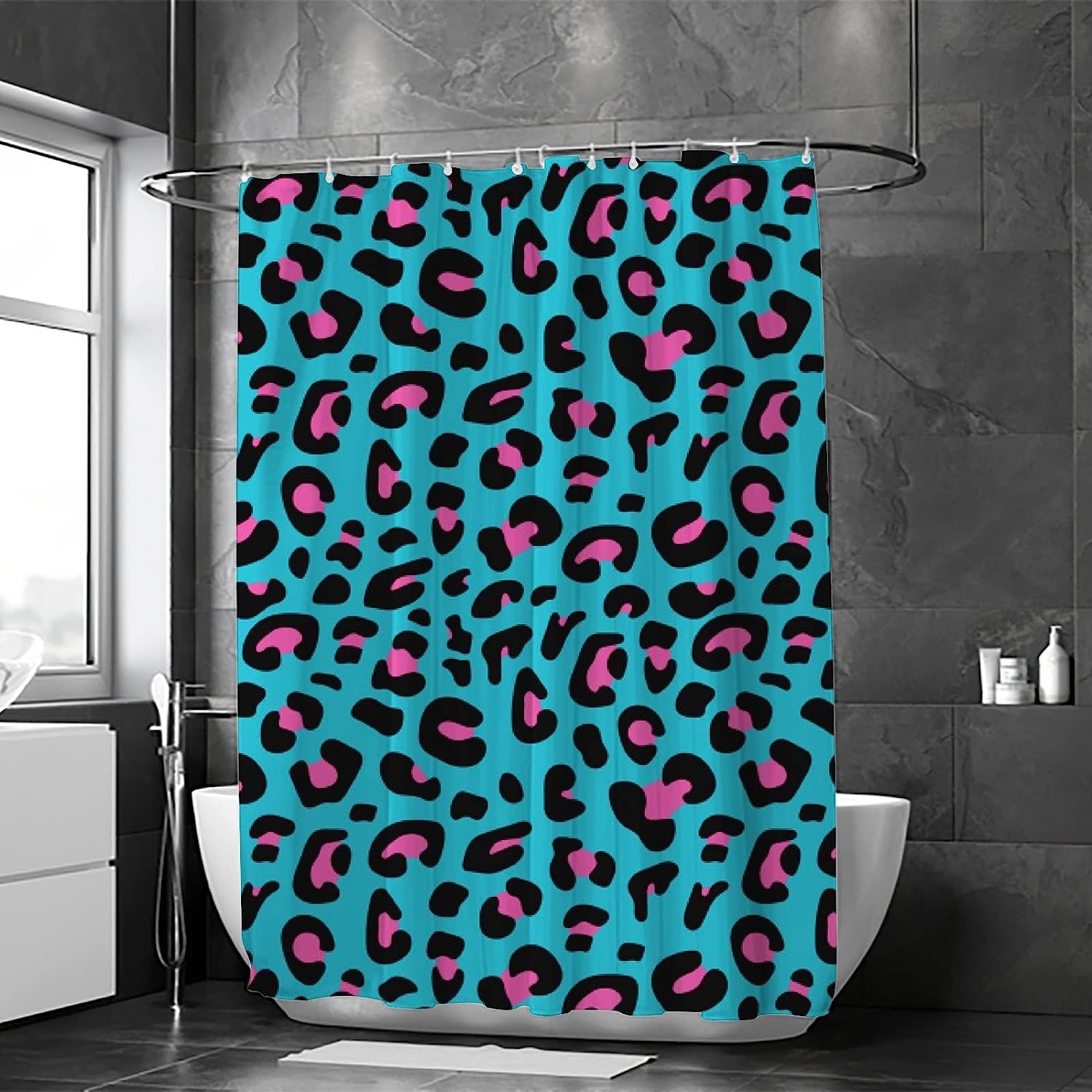 Leopard Print Pink Blue Shower Curtain, Waterproof Bathroom Decor