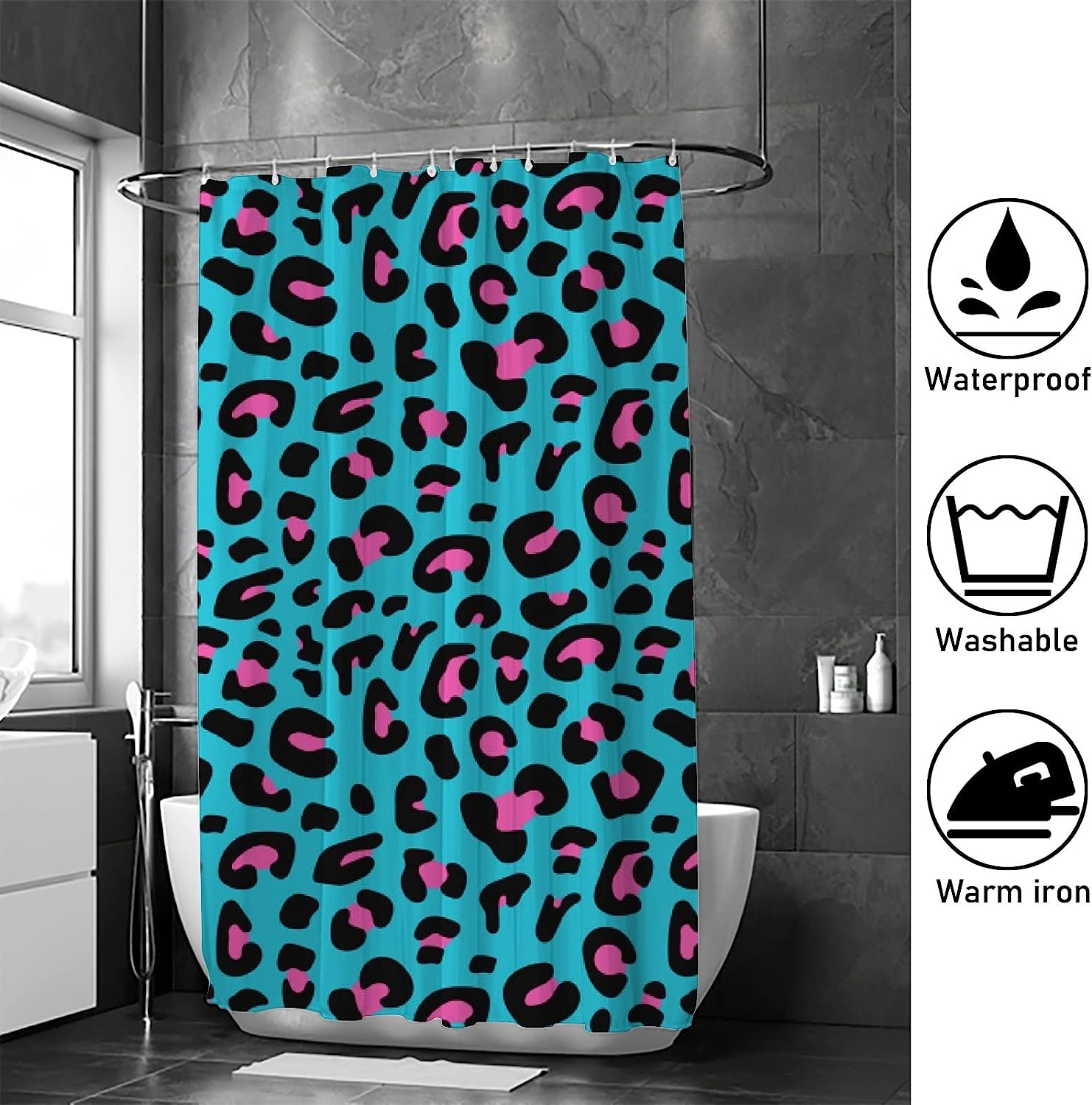 Leopard Print Pink Blue Shower Curtain, Waterproof Bathroom Decor