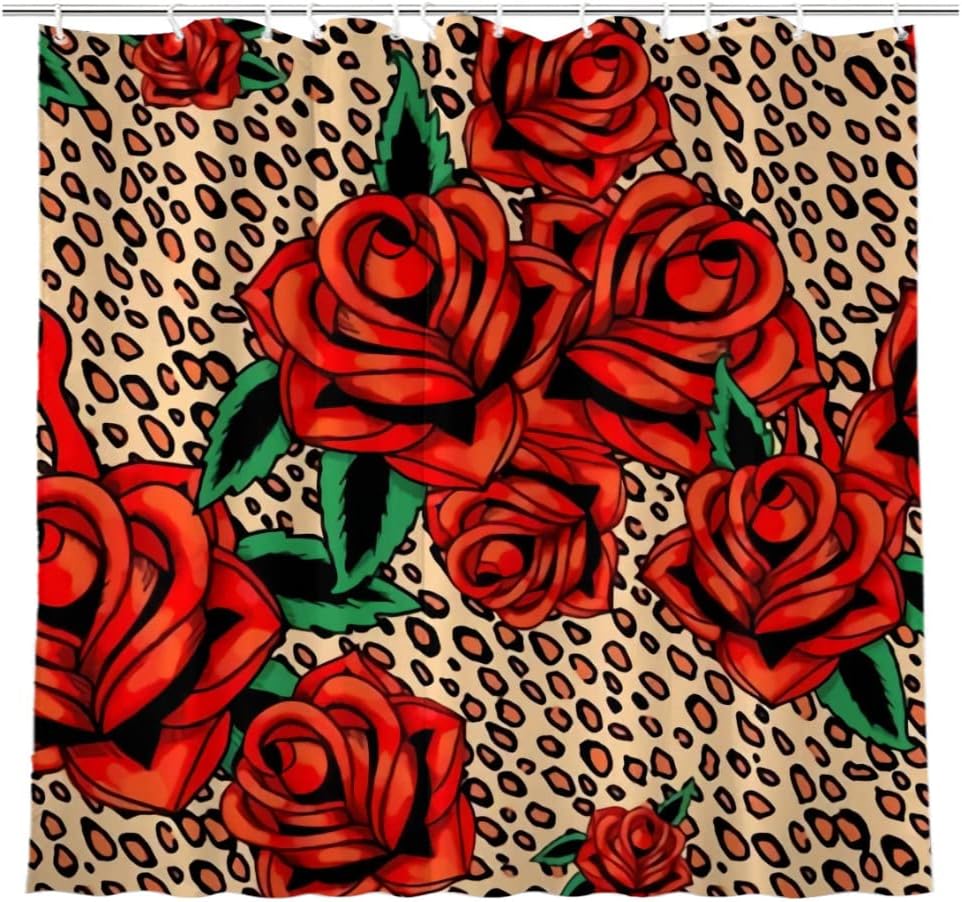 Leopard Print Red Roses Shower Curtain for Men and Women's Bathroom Decor