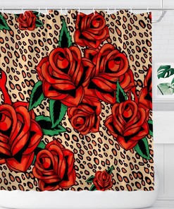 Leopard Print Red Roses Shower Curtain for Men and Women's Bathroom Decor