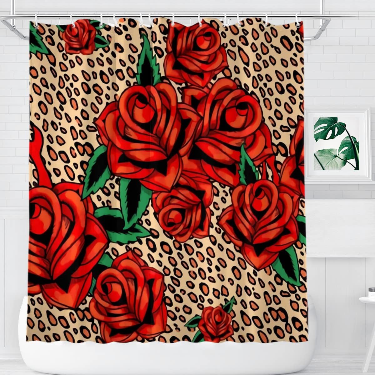 Leopard Print Red Roses Shower Curtain for Men and Women's Bathroom Decor