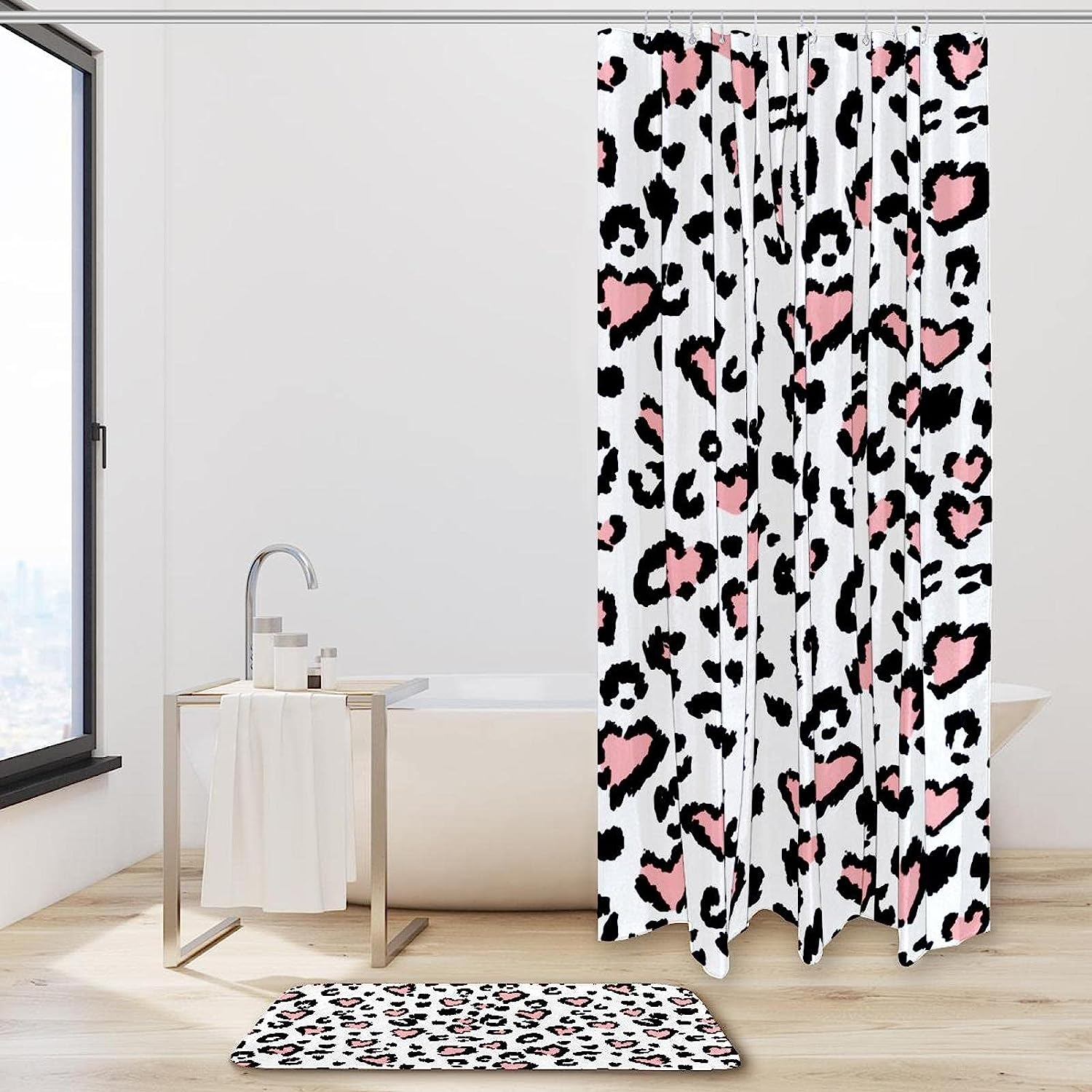 Leopard Print Shower Curtain with Flowers, Whimsical Bathroom Decor