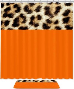 Leopard Print With Orange Accents Bathroom Tub Set With Waterproof Fabric Shower Curtain