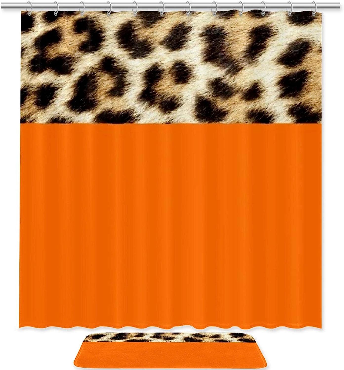 Leopard Print With Orange Accents Bathroom Tub Set With Waterproof Fabric Shower Curtain