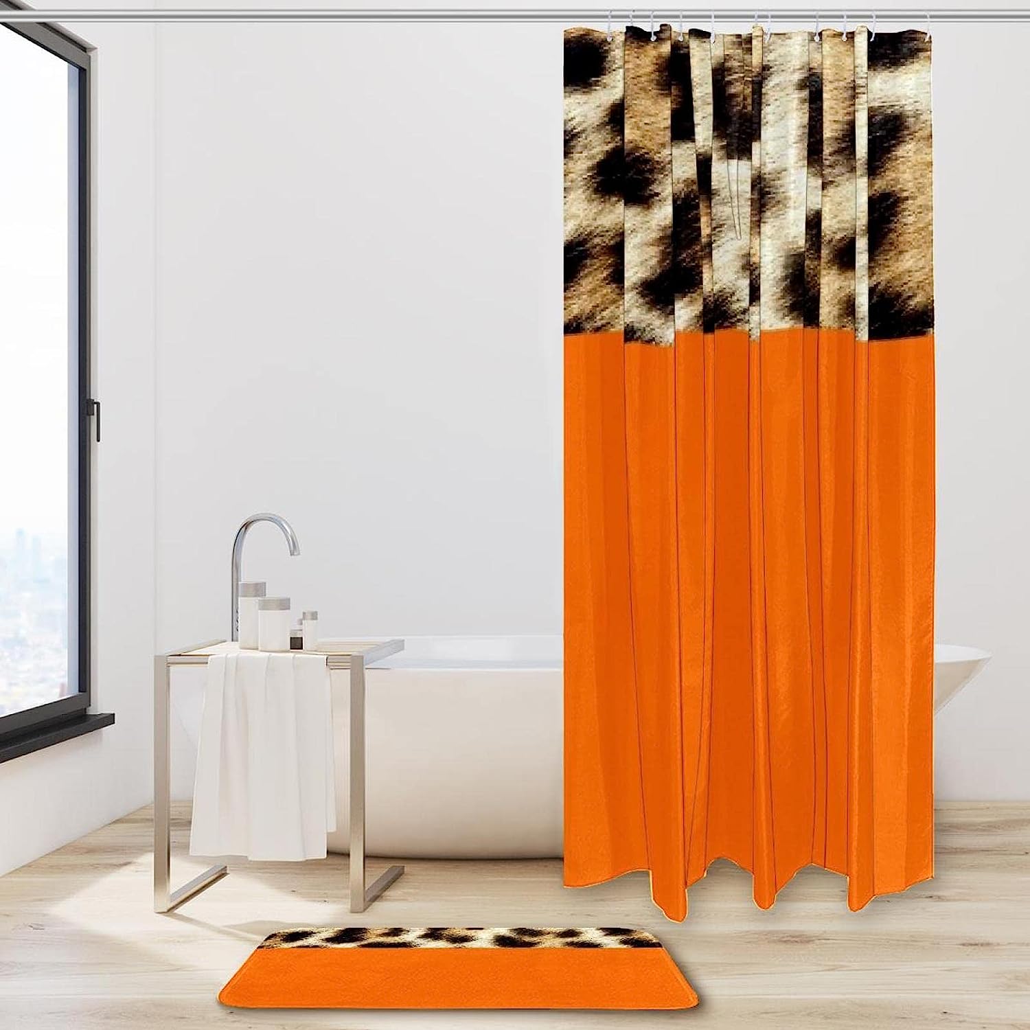Leopard Print With Orange Accents Bathroom Tub Set With Waterproof Fabric Shower Curtain - Image 2