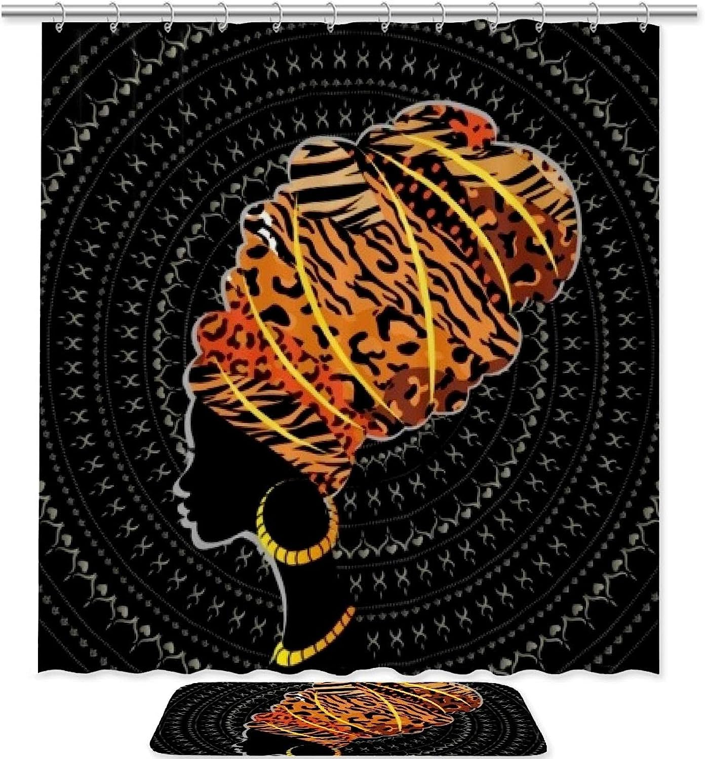 Leopard Print With Silhouette Woman Bathroom Tub Set With Waterproof Fabric Shower Curtain
