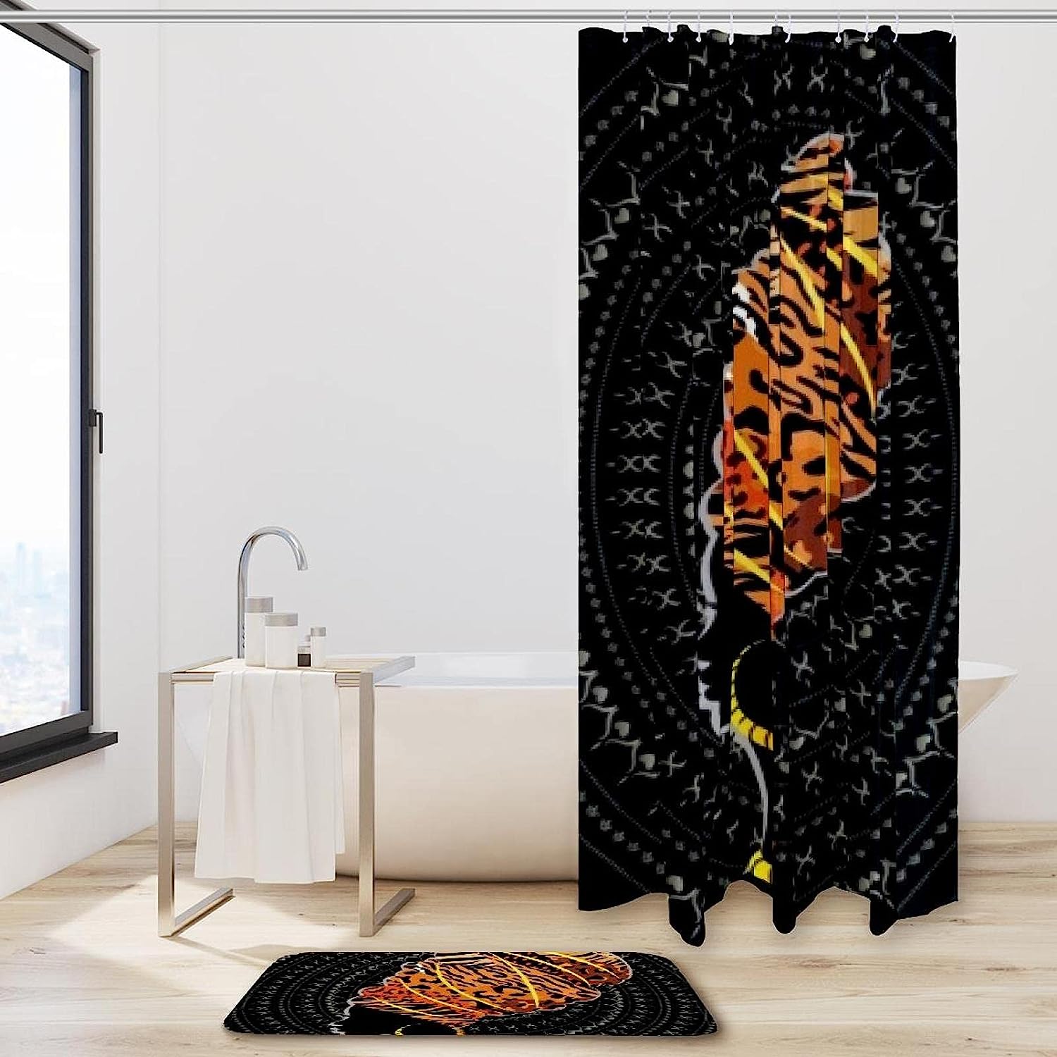 Leopard Print With Silhouette Woman Bathroom Tub Set With Waterproof Fabric Shower Curtain - Image 2