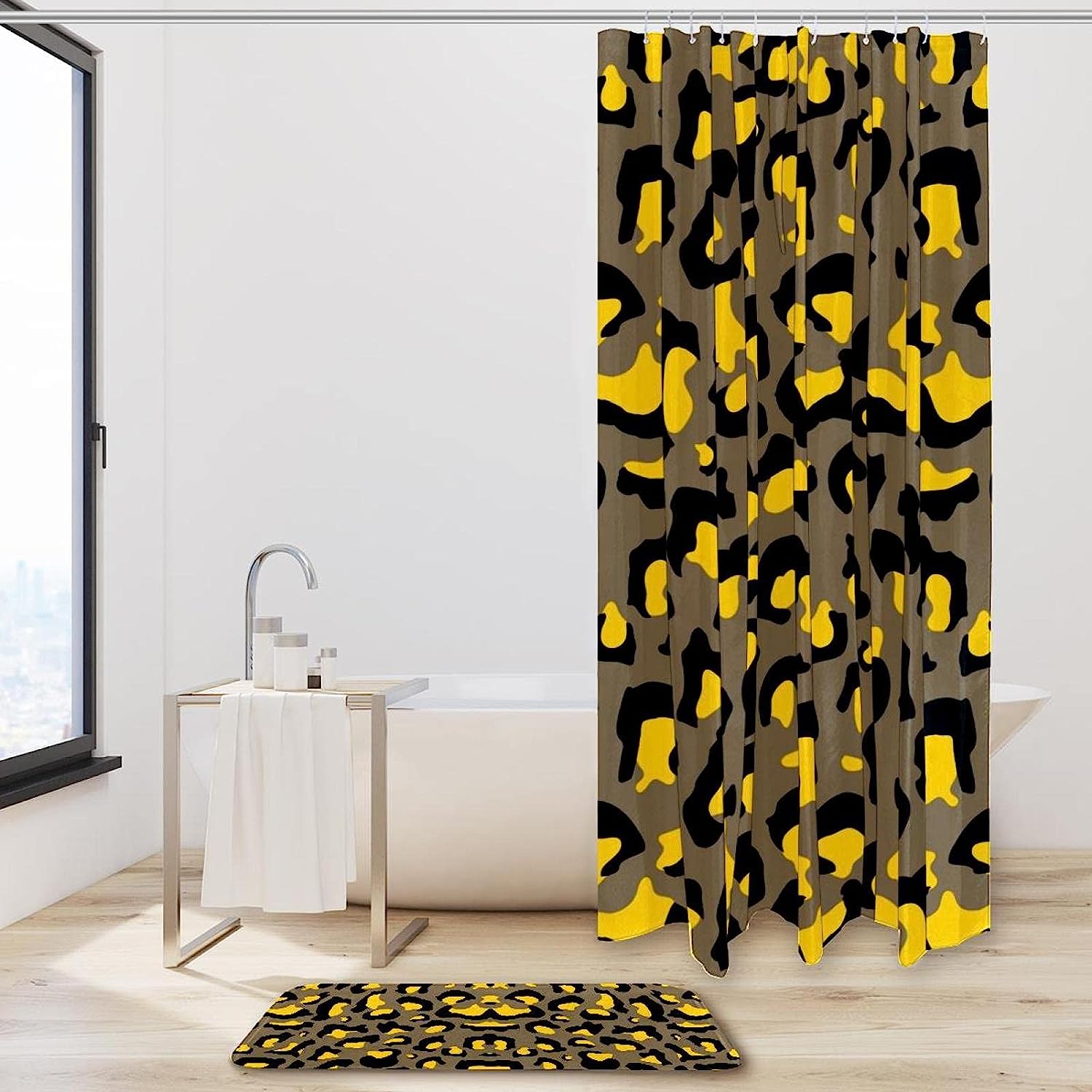 Leopard Print Yellow Coffee Black Decorative Shower Curtain