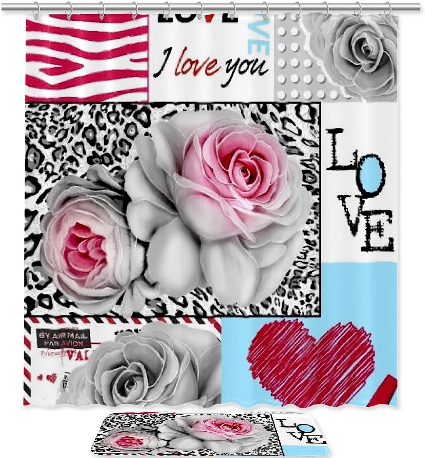 Leopard Rose Poster Printed Bathroom Tub Set With Waterproof Fabric Shower Curtain