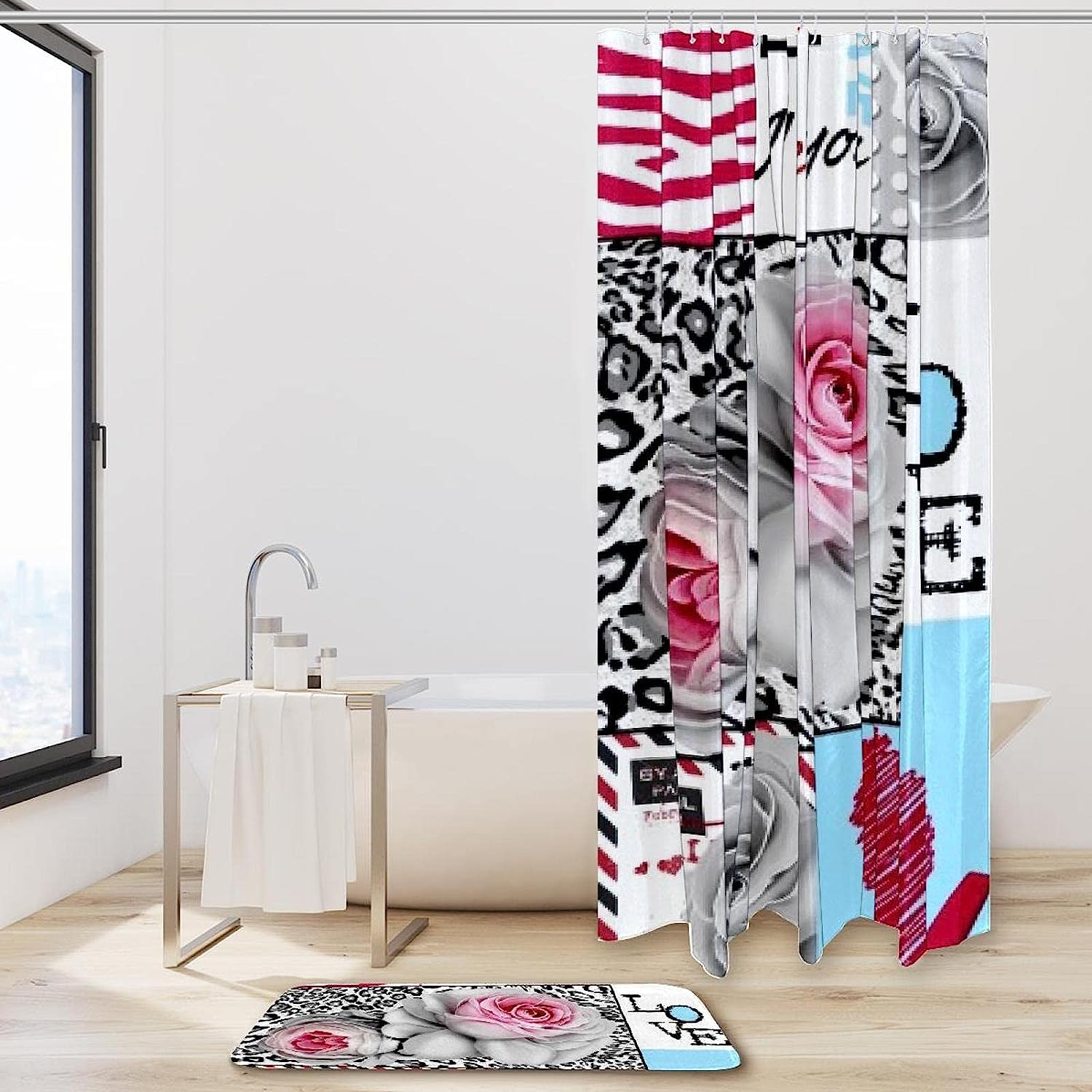 Leopard Rose Poster Printed Bathroom Tub Set With Waterproof Fabric Shower Curtain - Image 2