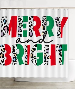 Leopard Seasonal Holiday Christmas Curtain - Merry and Bright Waterproof Fabric Shower Curtain