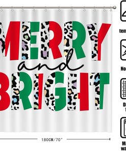 Leopard Seasonal Holiday Christmas Curtain - Merry and Bright Waterproof Fabric Shower Curtain