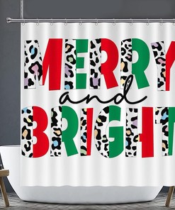 Leopard Seasonal Holiday Christmas Curtain - Merry and Bright Waterproof Fabric Shower Curtain