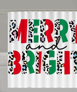 Leopard Seasonal Holiday Christmas Curtain - Merry and Bright Waterproof Fabric Shower Curtain