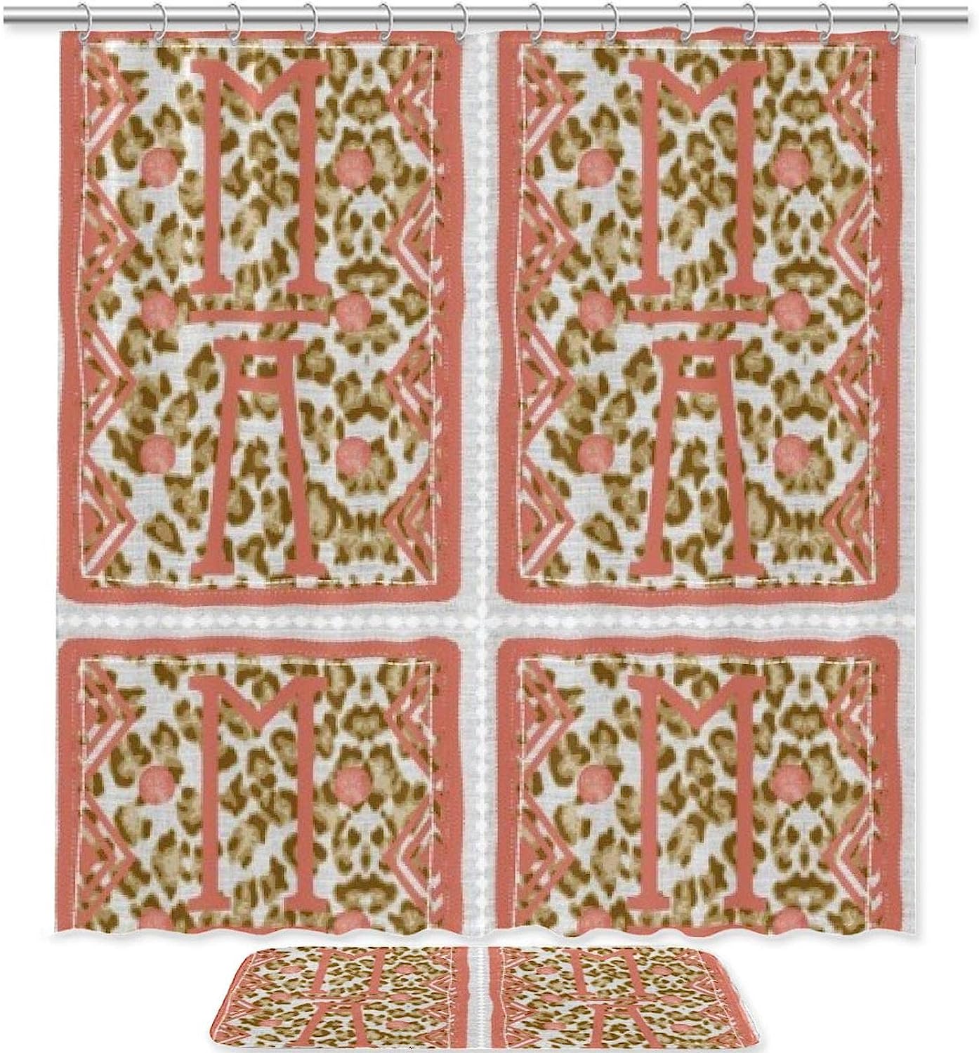 Leopard Shading Pink Letter Pattern Printed Bathroom Tub Set With Waterproof Fabric Shower Curtain
