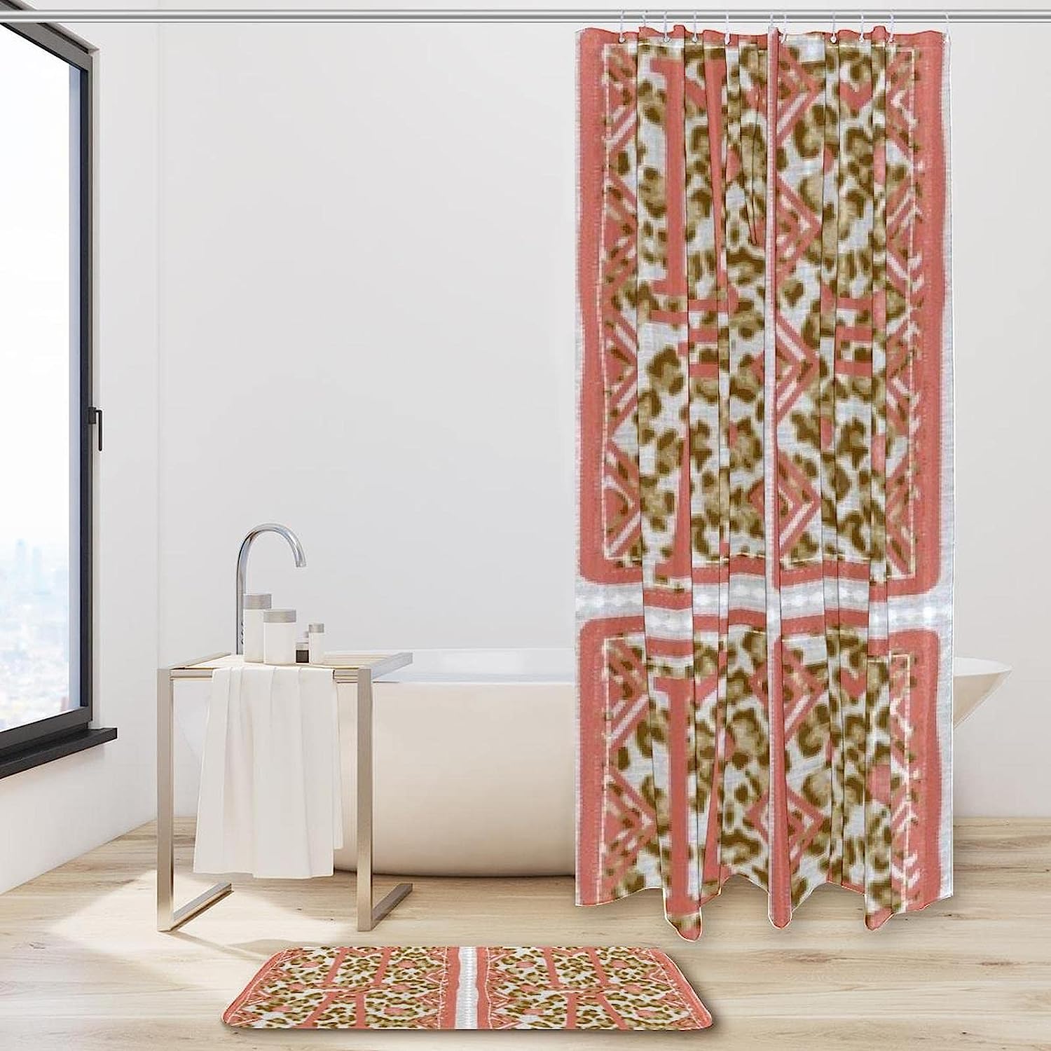 Leopard Shading Pink Letter Pattern Printed Bathroom Tub Set With Waterproof Fabric Shower Curtain - Image 2