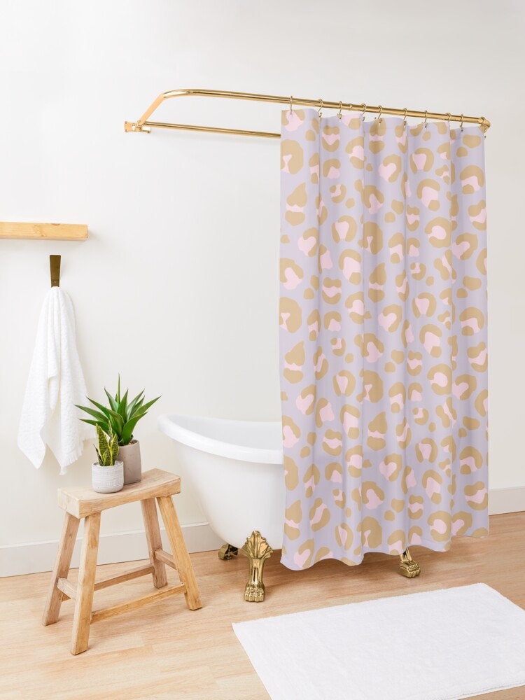 Leopard Spots Blush Pink Lavender Purple Camel Tan Print Shower Curtain - Bath Decor Set Bundle