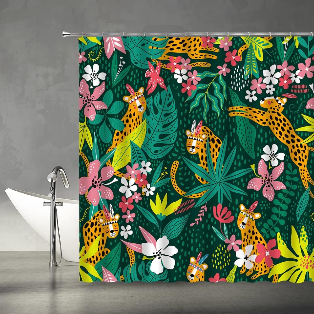 Leopard Topical Palm Leaf Jungle Shower Curtain with Wildlife and Plant Floral Elements for Modern Aesthetic Bathroom