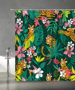 Leopard Topical Palm Leaf Jungle Shower Curtain with Wildlife and Plant Floral Elements for Modern Aesthetic Bathroom