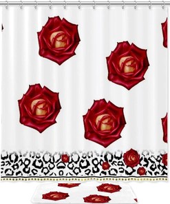 Leopard Warm Red Rose Printed Bathroom Tub Set With Waterproof Fabric Shower Curtain