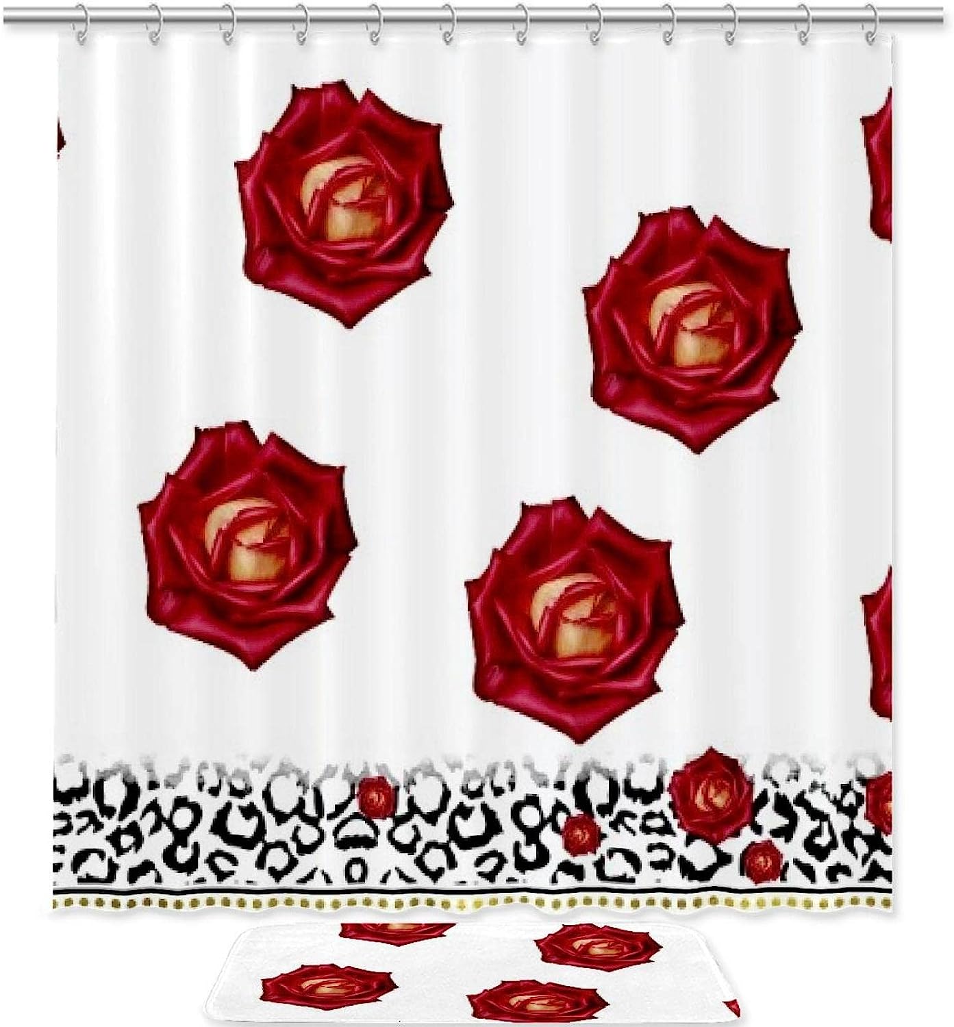 Leopard Warm Red Rose Printed Bathroom Tub Set With Waterproof Fabric Shower Curtain