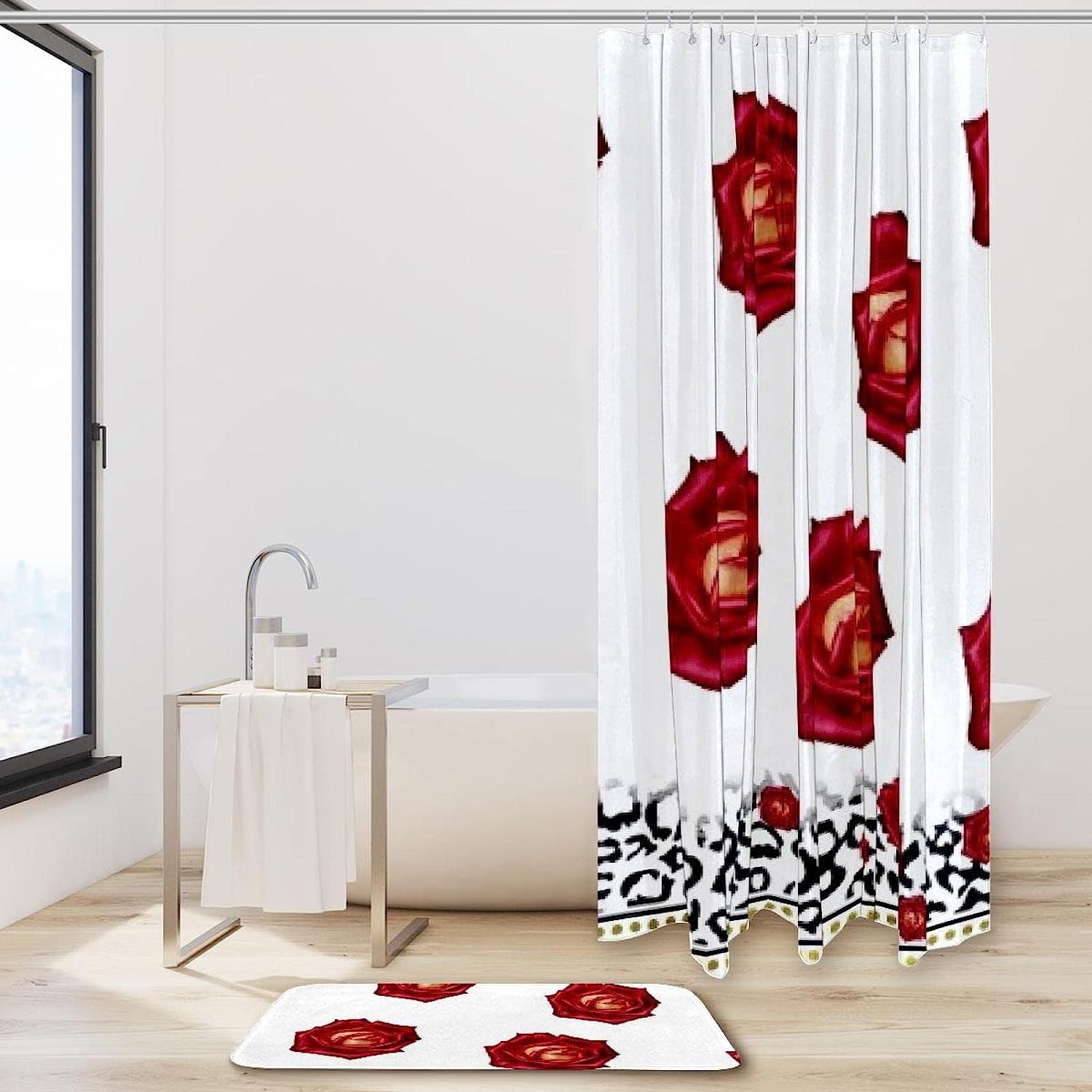 Leopard Warm Red Rose Printed Bathroom Tub Set With Waterproof Fabric Shower Curtain - Image 2