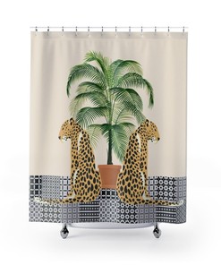 Leopards & Coconut Palm Shower Curtain for Artistic & Exotic Bathroom Decor