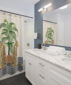 Leopards & Coconut Palm Shower Curtain for Artistic & Exotic Bathroom Decor