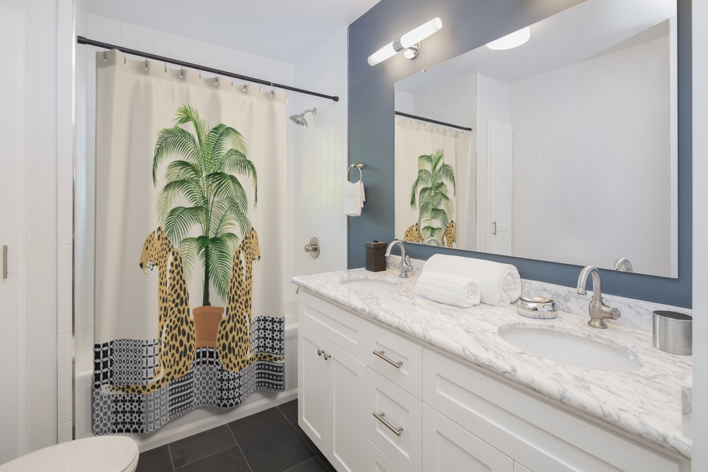 Leopards & Coconut Palm Shower Curtain for Artistic & Exotic Bathroom Decor