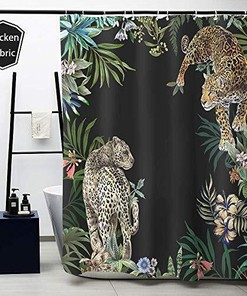 Leopards In Jungle Black Background Fabric Shower Curtain