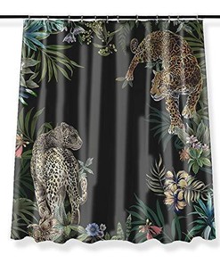 Leopards In Jungle Black Background Fabric Shower Curtain