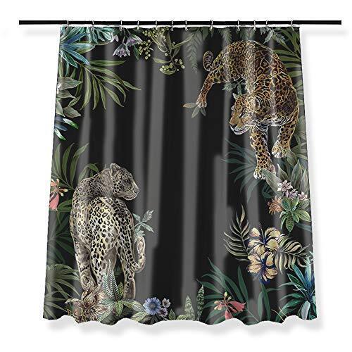Leopards In Jungle Black Background Fabric Shower Curtain