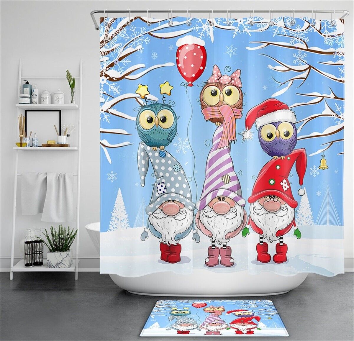 Leprechaun Owls In Snowy Woods Christmas Shower Curtain - Waterproof Fabric Bathroom Decor
