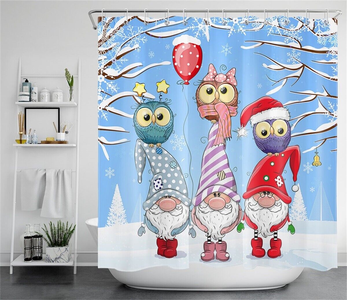 Leprechaun Owls In Snowy Woods Christmas Shower Curtain - Waterproof Fabric Bathroom Decor - Image 2