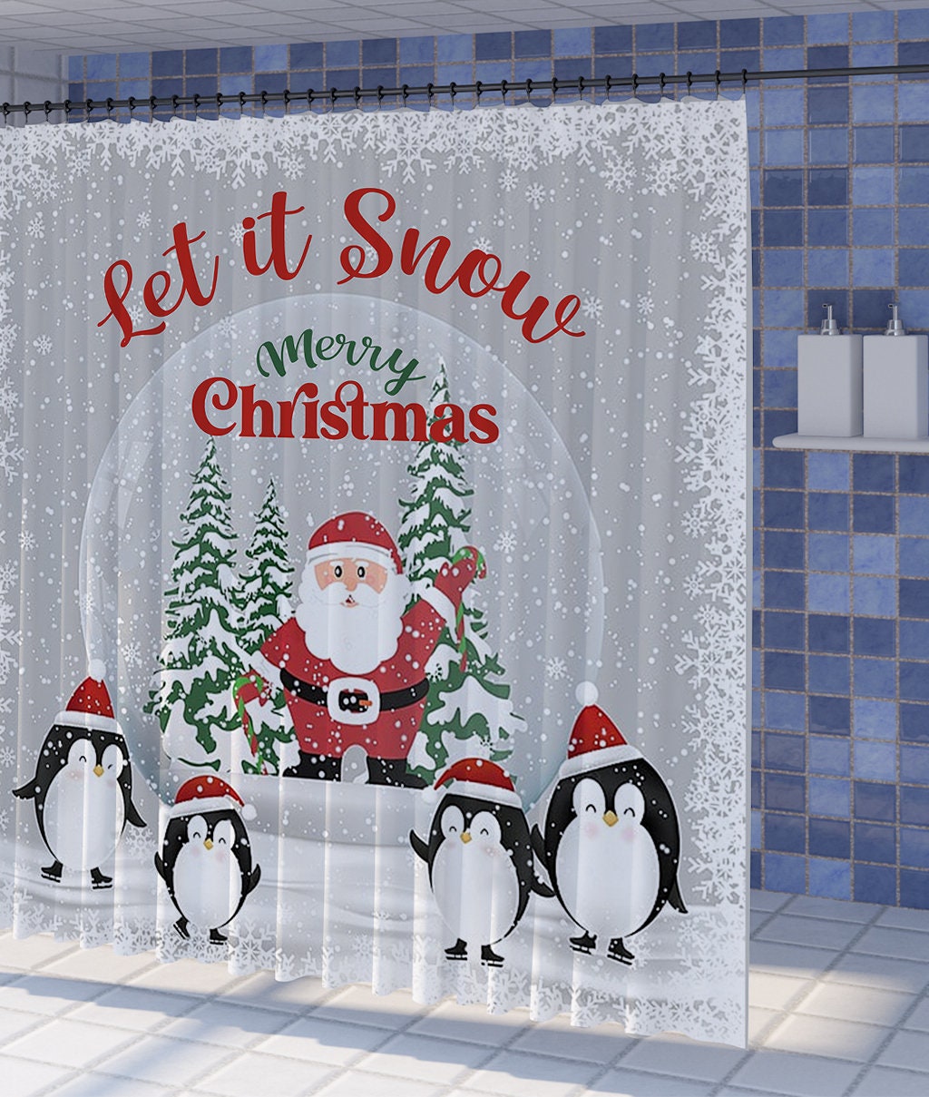 Let It Snow Shower Curtain With A Snowman And Winter Forest For A Cozy Christmas Bathroom