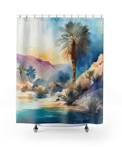 Levendig Aquarelontwerp Shower Curtain Featuring Desert Oasis - A Fresh And Colorful Addition To Your Bathroom