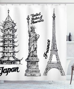 Liberty Monuments Shower Curtain - Cloth Fabric Bathroom Decor With Eiffel Tower In White Charcoal Grey
